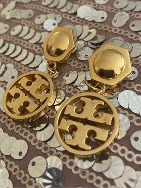 Tory Burch Shiny Gold Double-T Drop Earrings